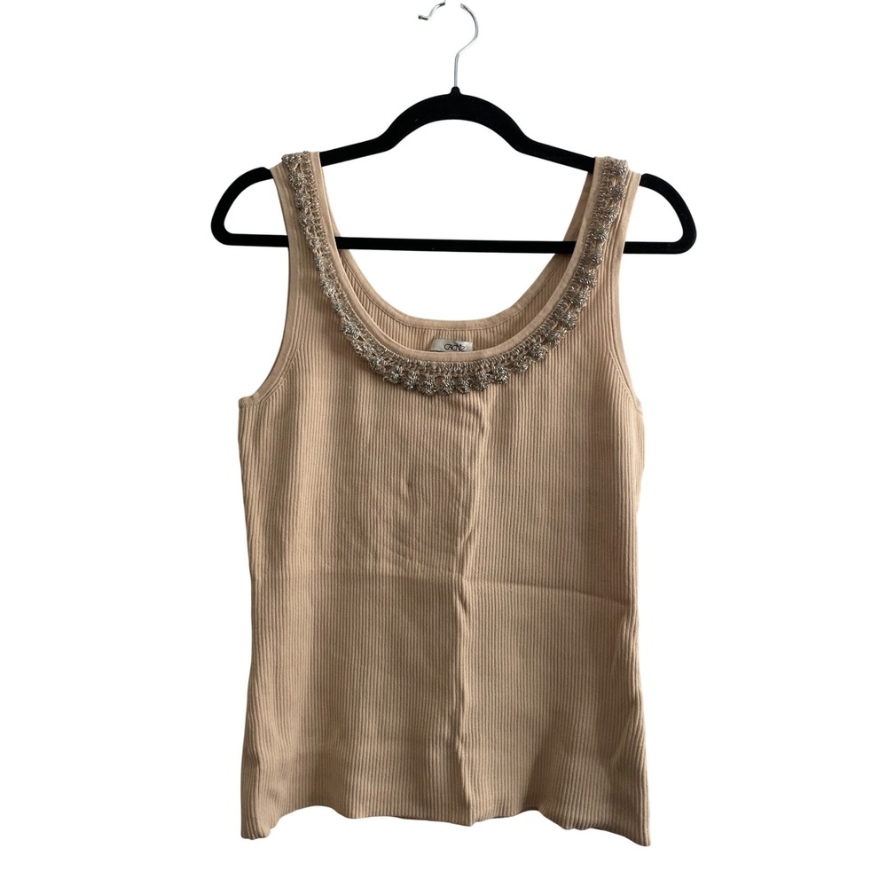 Vintage Y2K Cache Tan Ribbed Knit Beaded Trim Scoop Neck Tank Top Sleeveless